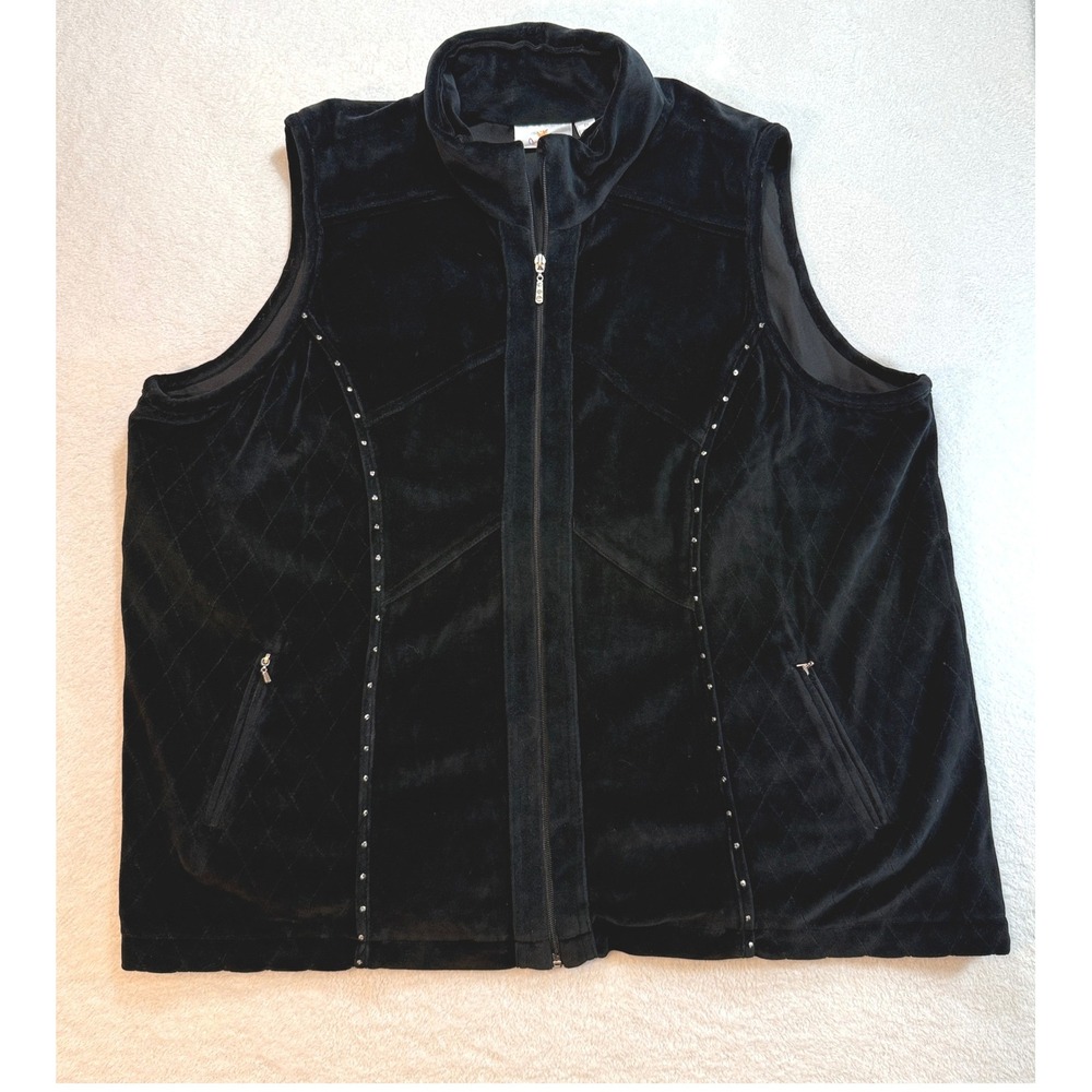 Quacker Factory Black Velour Quilted Zip Front Vest Rhinestone Studded 2X